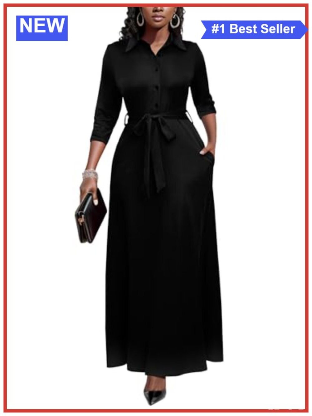 Women's Maxi Dress 3/4 Sleeve Button Down with Pockets